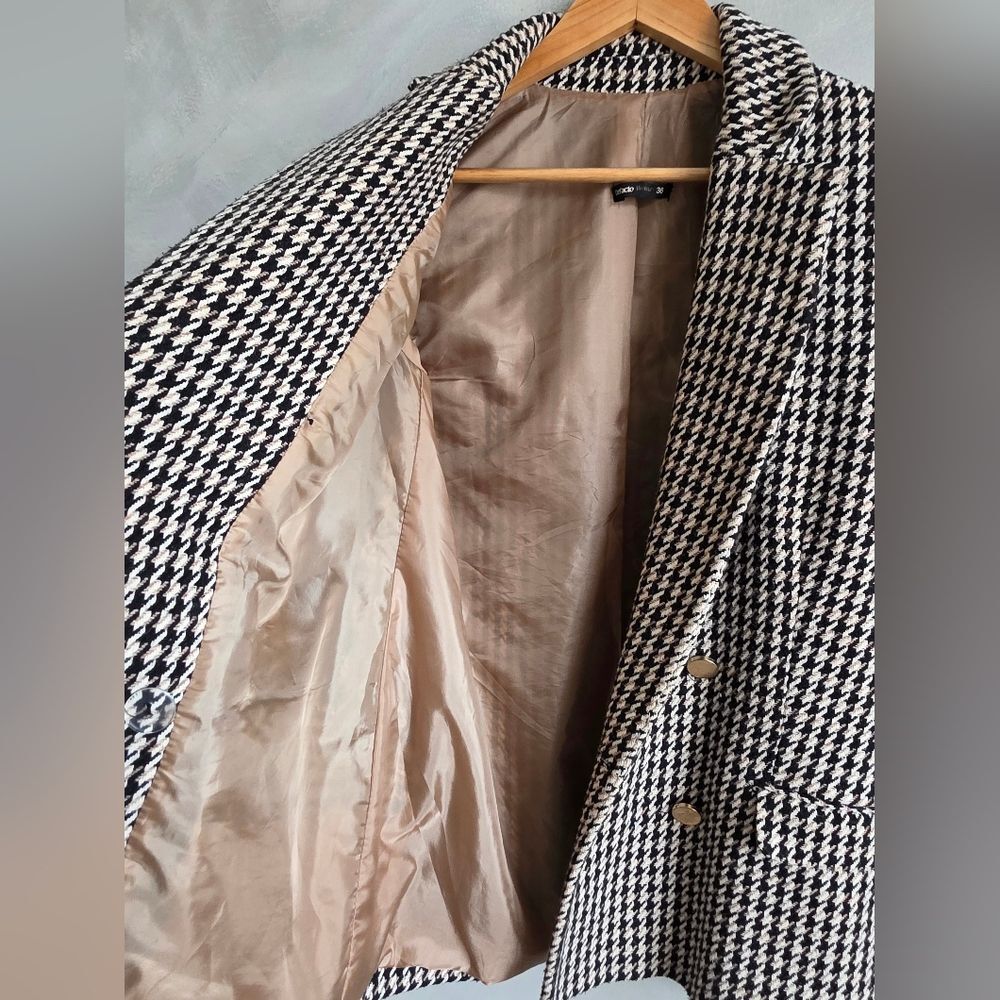 Defacto Houndstooth Black Tan Oversized Fit Tweed Blazer Sz 36 Double Breast - Picture 5 of 8